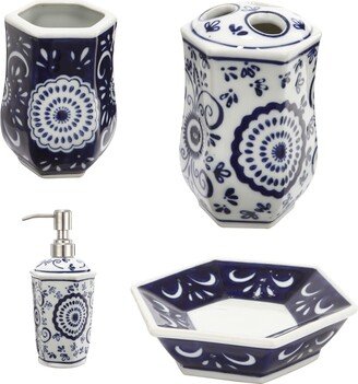 Elegantly Crafted Bath Accessories, Set of 4, Blue and White