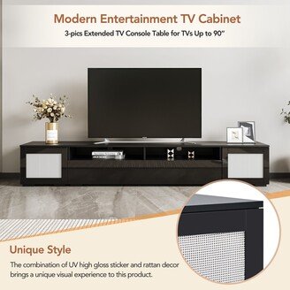 NINEDIN Modern TV Stand with Rattan for TVs Up to 90 for Home Theater, Black - 16 inches in width