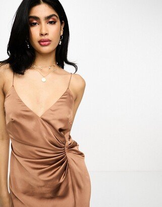 Bridesmaid satin cami maxi dress with drape detail in mocha