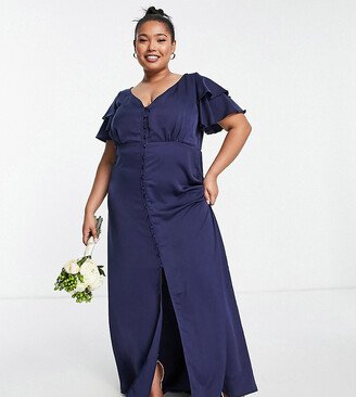 Little Mistress Plus Bridesmaid satin maxi dress with flutter sleeves in navy