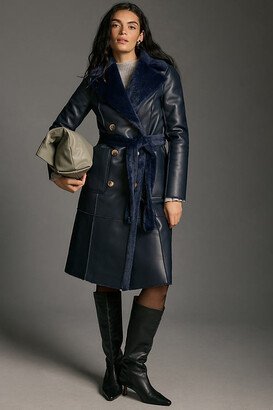 Faux Leather Furry Mix Belted Trench Coat Jacket