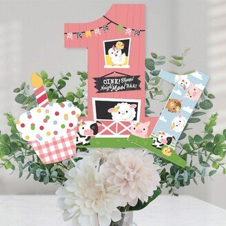 Big Dot of Happiness 1st Birthday Girl Farm Animals - Pink Barnyard First Birthday Party Centerpiece Sticks - Table Toppers - Set of 15