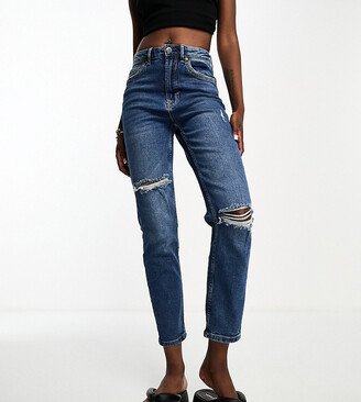 Tall slim mom jean with stretch and rip in medium blue-AA