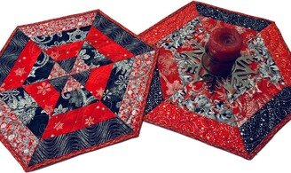 Set Of Two Red, Black & Silver Christmas Quilted Table Toppers, Hexagon Candle Mat, Handmade Patchwork Quilt