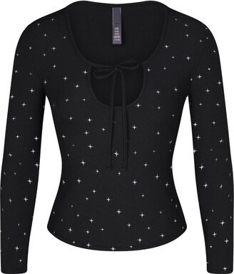 Soft Lounge Tie Front Long Sleeve Top| Onyx Sparkle Print