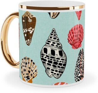 Mugs: Seashells Beach Summer - Mint Ceramic Mug, Gold Handle, 11Oz, Multicolor