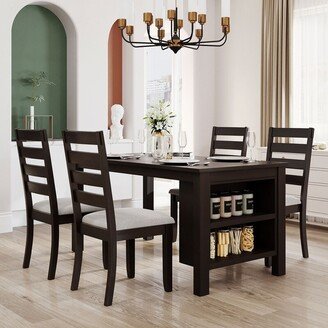 NOVABASA Farmhouse kitchen table set with 2 shelves and 4 upholstered dining chairs, 5 piece table set