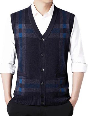 Dninmim Men's V-Neck Lattice Knitted Sweater Vest Autumn Winter Casual Cardigan Tank Tops Navy Asian 4XL(90-95kg)