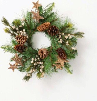 16 Pine Berry Gold Star Wreath Candle Ring, Christmas Greenery, Modern Farmhouse Mini Wreath, Woodland Decor, Harvest