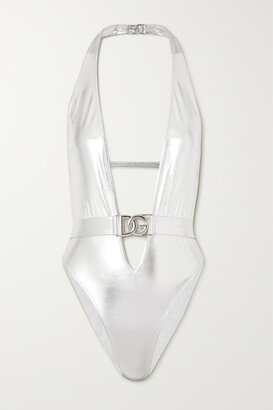 Embellished Metallic Halterneck Swimsuit - Silver