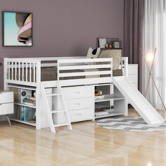 EDWINRAY Twin Size Low Loft Bed with Attached Bookcases and Separate 3-Tier Drawers, Wooden Bunkbed Frame with Convertible Ladder & Slide
