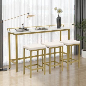 IGEMAN 4-Piece Counter Height Extra Long Console Dining Table Set Bar Kitchen Set with 3 Fabric Stools; Gold+Beige - 63