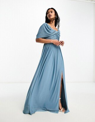 Bridesmaids bardot gathered maxi dress in mesh in blue