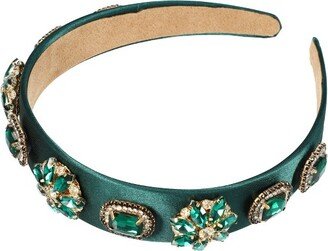 Unique Bargains Women's Bling Vintage Flowers Rhinestone Satin Wide Edge Headband 5.12x1.18 1pc Green