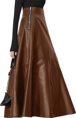 Pulcykp Women's Long Solid PU Leather Maxi Skirts Casual High Waist Zipper Skirt Khaki 5XL