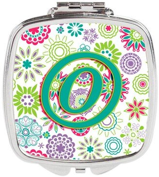 CJ2011-OSCM Letter O Flowers Pink Teal Green Initial Compact Mirror