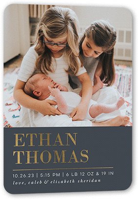 Birth Announcements: Contemporary Shine Birth Announcement, Gold Foil, Grey, 5X7, Matte, Personalized Foil Cardstock, Rounded