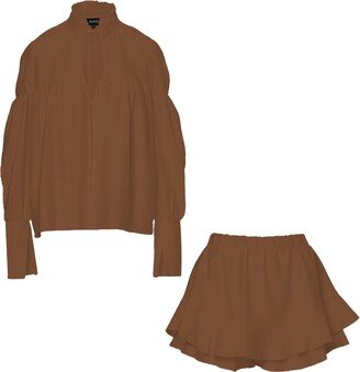 Bluzat Brown Set With Blouse And Pants With Skirt