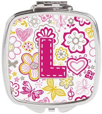 CJ2005-LSCM Letter L Flowers & Butterflies Pink Compact Mirror