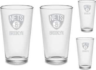 Set - Brooklyn Nets Pint Beer Glasses Etched Drinkware Tumblers 16 Oz. Drinking Cocktail Mixing Glass