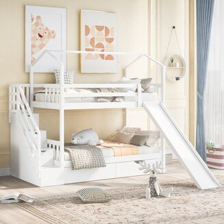 GEROJO Twin House Bunk Bed with Slide and Drawers, Wood with Storage