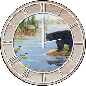 House & Homebody Co. Wall Clock with Natural Woodgrain Accent - Misty Morning Encounter - White Numbers - 24