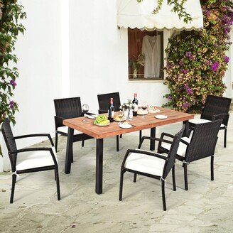 7PCS Patio Rattan Dining Set Wooden Table Top Cushioned Chair