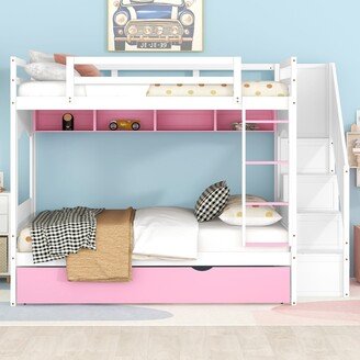 Full Over Full Bunk Bed with Trundle ,Stairs,Ladders Solid Wood Bunk bed with Storage Cabinet
