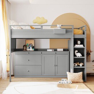 EDWINRAY Versatility Twin Size Loft Bed with Rolling Cabinet and Desk, Grey