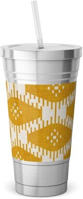 Travel Mugs: Stella Ikat - Yellow Stainless Tumbler With Straw, 18Oz, Yellow