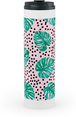 Travel Mugs: Tropical Monstera - Pink Stainless Mug, White, 20Oz, Pink