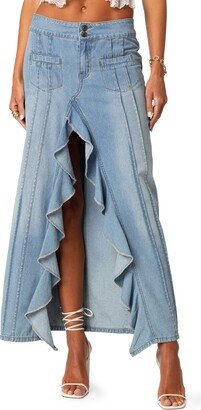 EDIKTED Valencia Ruffle Slit Front Denim Maxi Skirt