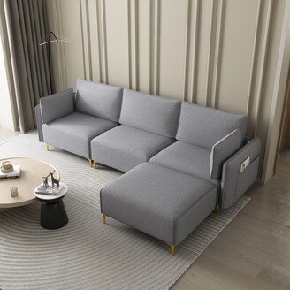 RASOO L Shape Sectional Sofa Polyester Padded Seat Three Single Seat+Ottoman Removable Cushion Cover with Usb Charging & Metal Leg