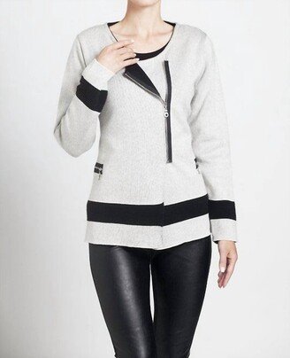 ANGEL Contrast Off-Ctr Zip Cardigan In Stone/black