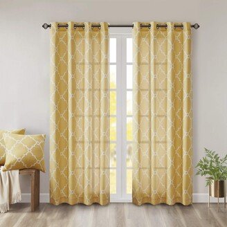 Gracie Mills Saratoga Basketweave Yellow Ground Light Beige Fretwork Print Window Curtain, 50x84, Silver Grommet Top