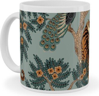 Mugs: Tiger And Peacock - Blue Ceramic Mug, White, 11Oz, Blue