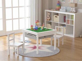 2 in 1 Kids Activity Lego Table Set with Storage, Kids Table with 2 Chairs, White with Gray Drawer