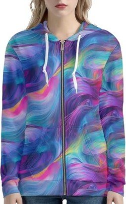 Irisjudy Neon Color Lines Women Full Zip-Up Hoodie Jacket Plus Size Abstract Colorful Art Fall Sweatshirt Blue Purple Casual Fashion Pullover Lightweight Sport Jacket