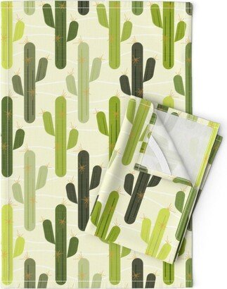 Southwestern Cactus Tea Towels | Set Of 2 - Stylized Saguaros By Luciafontes Desert Succulent Linen Cotton Spoonflower