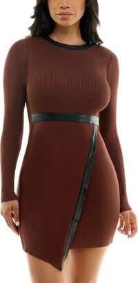 Juniors' Round-neck Faux-Leather-Trim Sweater Dress
