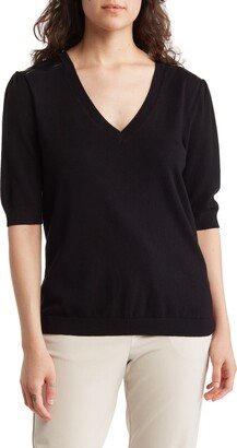 Faux Leather Trim V-Neck Sweater