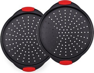 Non-Stick Pizza Tray - with Silicone Handle, Round Steel Non-stick Pan with Perforated Holes, Premium Bakeware, Pizza Tray