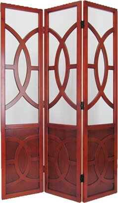 3 Panel Wooden Frame Screen with Interconnected Cut Out, Cherry Brown