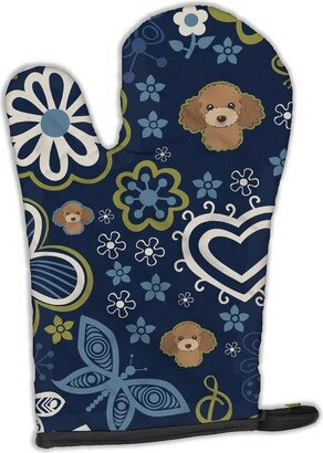 Blue Flowers Chocolate Brown Poodle Oven Mitt