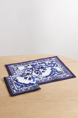 Printed Linen Placemat And Napkin Set - Blue