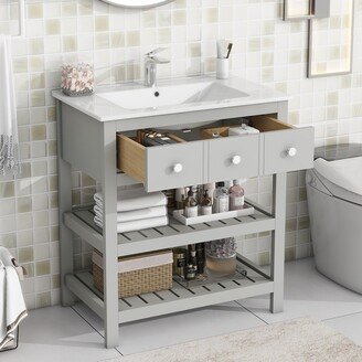 Joliwing 30'' Bathroom Vanity with Sink/Ceramic Basin/ 2-Tier Storage Shelf,Grey