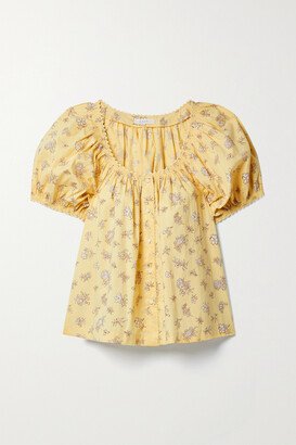 Net Sustain Tennessee Picot-trimmed Floral-print Organic Cotton-poplin Blouse - Yellow