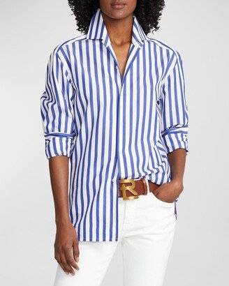 Capri Striped Cotton Blouse, White-AA