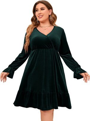 KOJOOIN Women's Plus Size V Neck Puff Long Sleeves Velvet Ruffle Pleated Swing Midi Cocktail Dress Dark Green 4XL