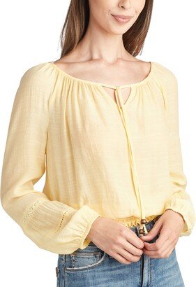 Juniors' Gauze Tie-Neck Long-Sleeve Smocked-Hem Top